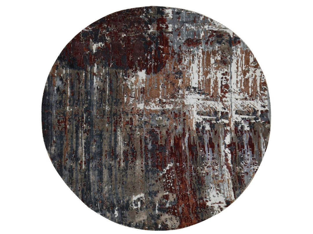 8'0" x 8'0" New Hand Knotted Grey Wool & Silk Round Oriental Rug - MOA10287751