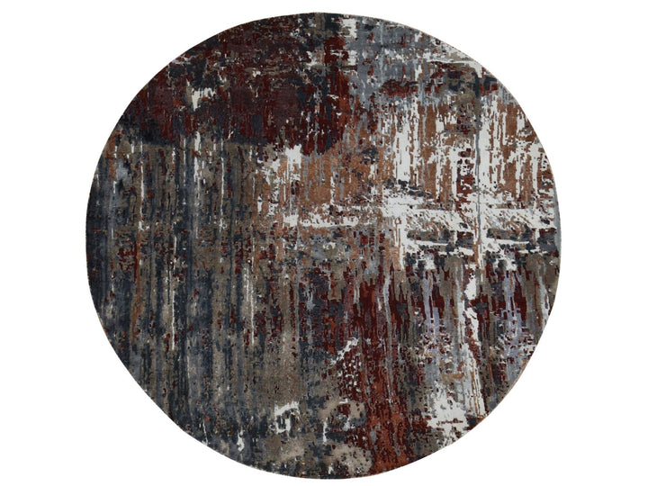8'0" x 8'0" New Hand Knotted Grey Wool & Silk Round Oriental Rug - MOA10287751
