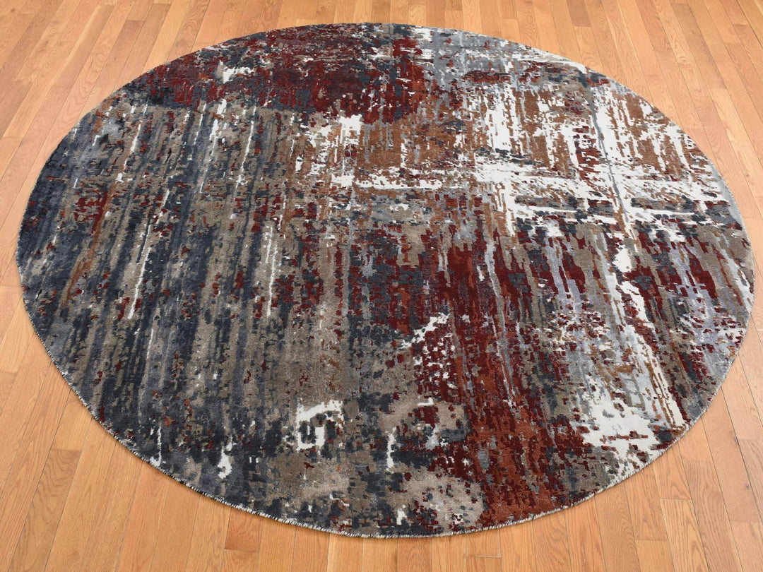 8'0" x 8'0" New Hand Knotted Grey Wool & Silk Round Oriental Rug - MOA10287751