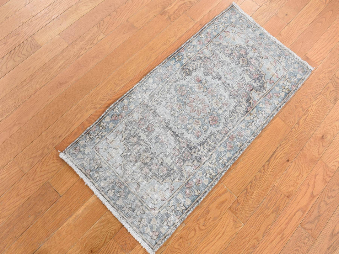 1'8" x 3'7" Vintage Hand Knotted Grey Wool Rectangle Oriental Rug - MOA10287775