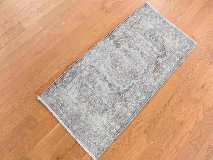 1'8" x 3'7" Vintage Hand Knotted Grey Wool Rectangle Oriental Rug - MOA10287775