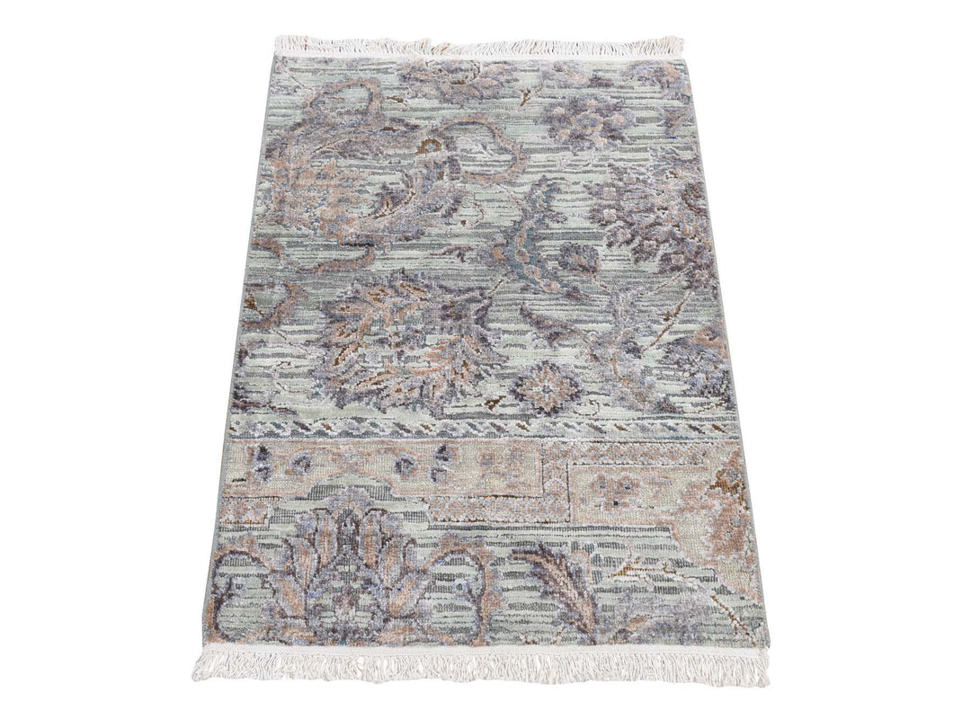 2'0" x 3'0" New Hand Knotted Green Wool & Silk Rectangle Oriental Rug - MOA10287776