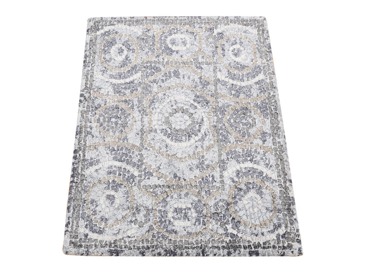 2'2" x 2'10" New Hand Knotted Grey Wool & Silk Rectangle Oriental Rug - MOA10287778
