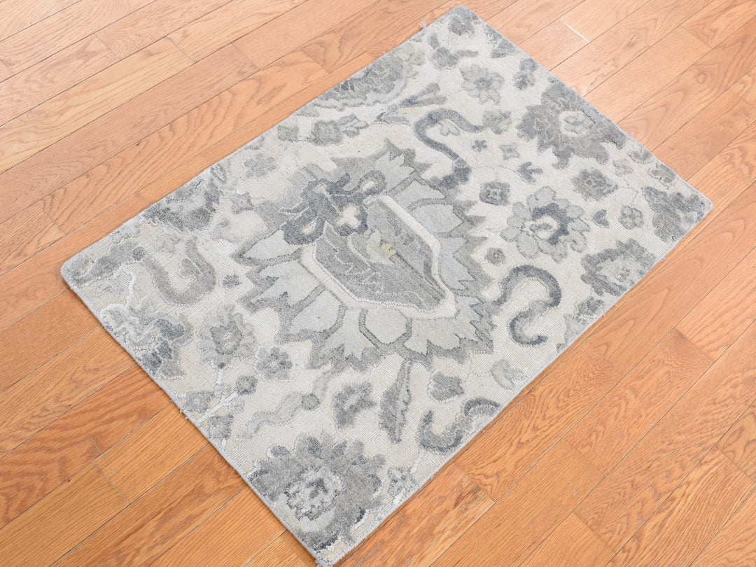 2'0" x 3'2" New Hand Knotted Grey Wool & Silk Rectangle Oriental Rug - MOA10287779