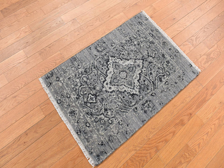 2'1" x 3'1" New Hand Knotted Grey Wool & Silk Rectangle Oriental Rug - MOA10287781