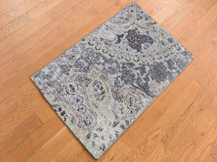 2'0" x 3'1" New Hand Knotted Grey Wool & Silk Rectangle Oriental Rug - MOA10287782