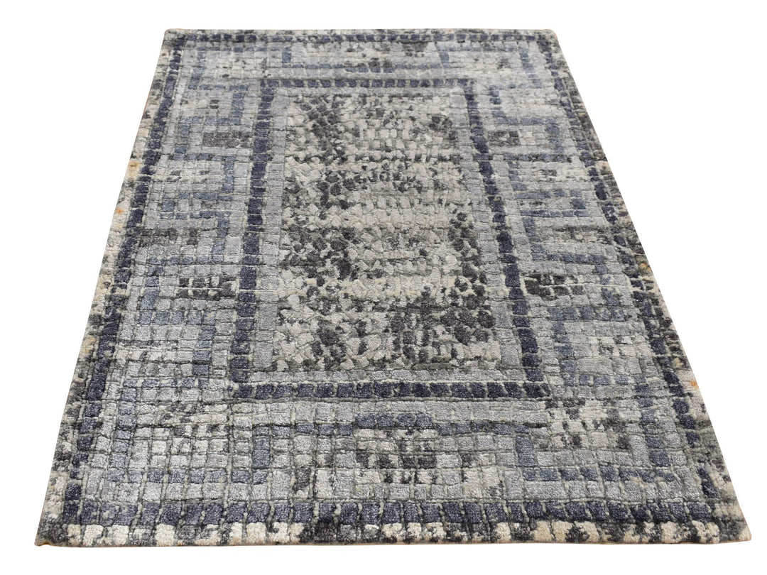 2'2" x 3'2" New Hand Knotted Grey Wool & Silk Rectangle Oriental Rug - MOA10287785