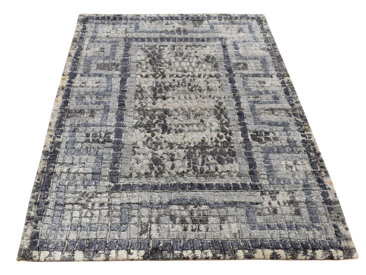 2'2" x 3'2" New Hand Knotted Grey Wool & Silk Rectangle Oriental Rug - MOA10287785