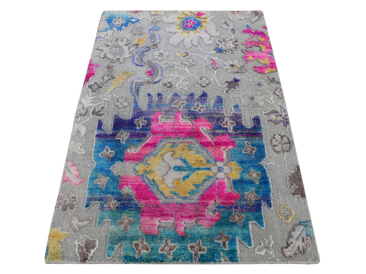 2'0" x 3'2" New Hand Knotted Grey Wool & Silk Rectangle Oriental Rug - MOA10287799