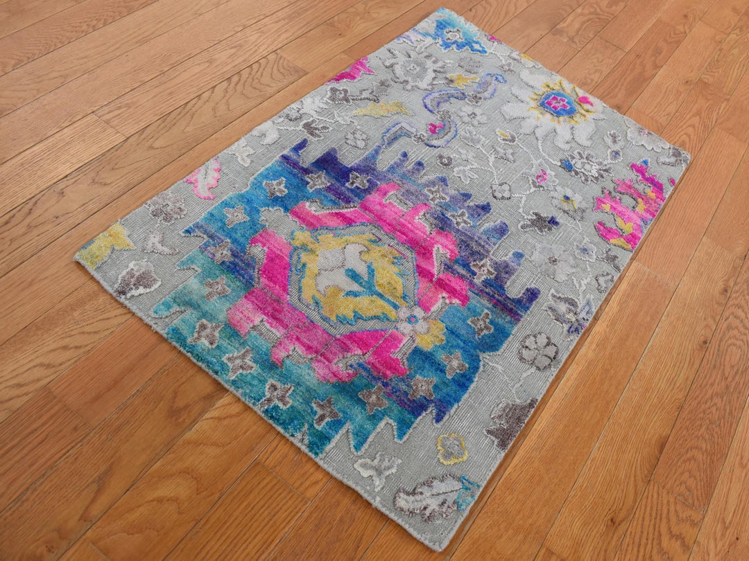 2'0" x 3'2" New Hand Knotted Grey Wool & Silk Rectangle Oriental Rug - MOA10287799