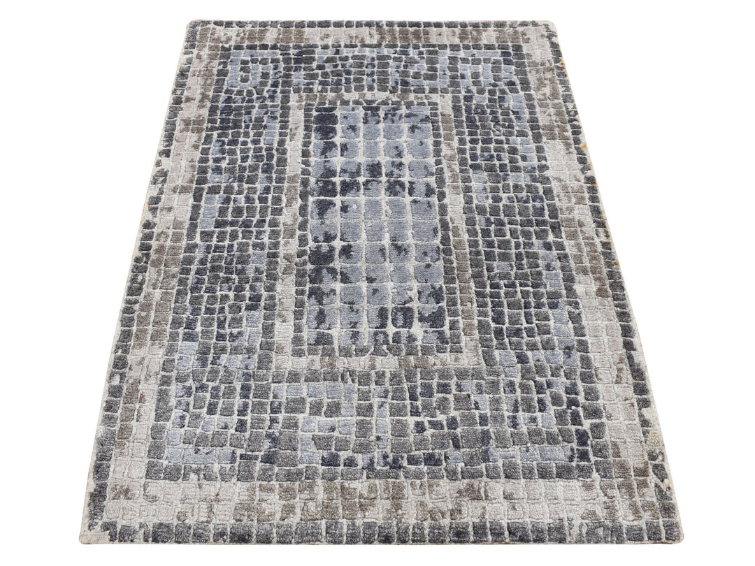 2'3" x 3'2" New Hand Knotted Grey Wool & Silk Rectangle Oriental Rug - MOA10287801