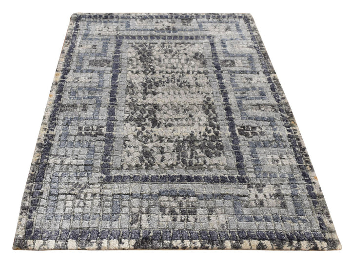 2'3" x 3'2" New Hand Knotted Grey Wool & Silk Rectangle Oriental Rug - MOA10287805