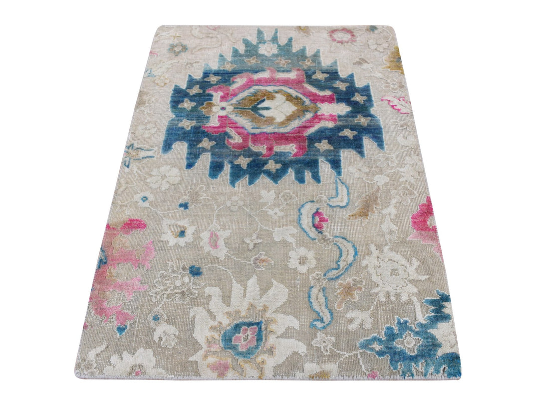 2'0" x 3'0" New Hand Knotted Grey Wool & Silk Rectangle Oriental Rug - MOA10287807
