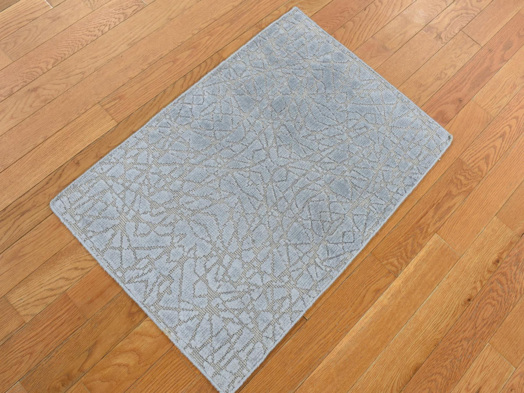 2'0" x 3'0" New Hand Knotted Grey Wool & Silk Rectangle Oriental Rug - MOA10287808