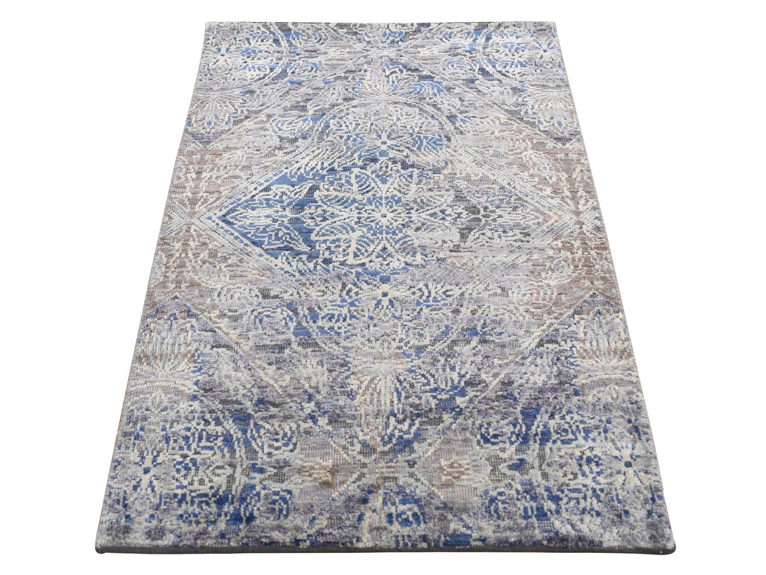 2'0" x 3'1" New Hand Knotted Grey Wool & Silk Rectangle Oriental Rug - MOA10287818