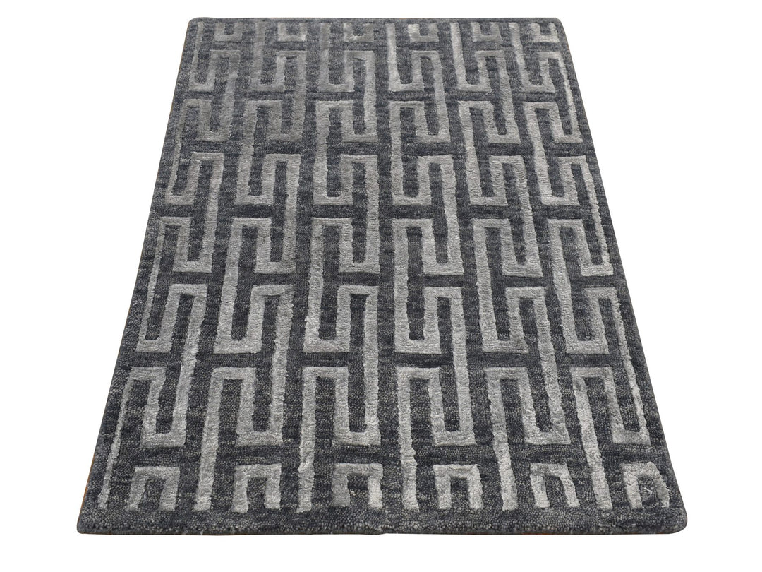 2'0" x 2'10" New Hand Knotted Grey Wool & Silk Rectangle Oriental Rug - MOA10287821