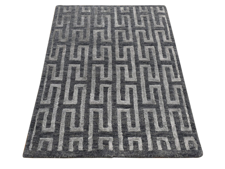 2'0" x 2'10" New Hand Knotted Grey Wool & Silk Rectangle Oriental Rug - MOA10287821