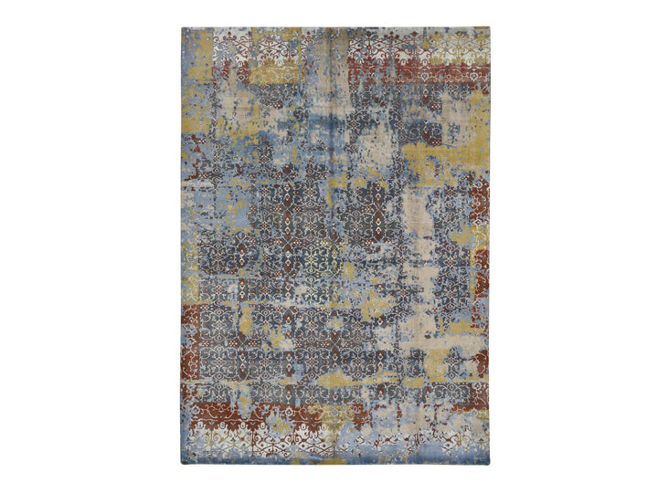 9'9" x 14'0" New Hand Knotted Blue Wool & Silk Rectangle Oriental Rug - MOA10287898