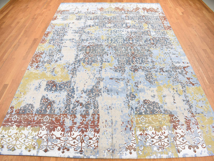 9'9" x 14'0" New Hand Knotted Blue Wool & Silk Rectangle Oriental Rug - MOA10287898