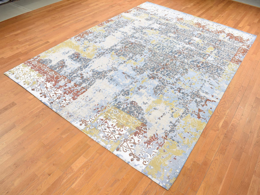 9'9" x 14'0" New Hand Knotted Blue Wool & Silk Rectangle Oriental Rug - MOA10287898