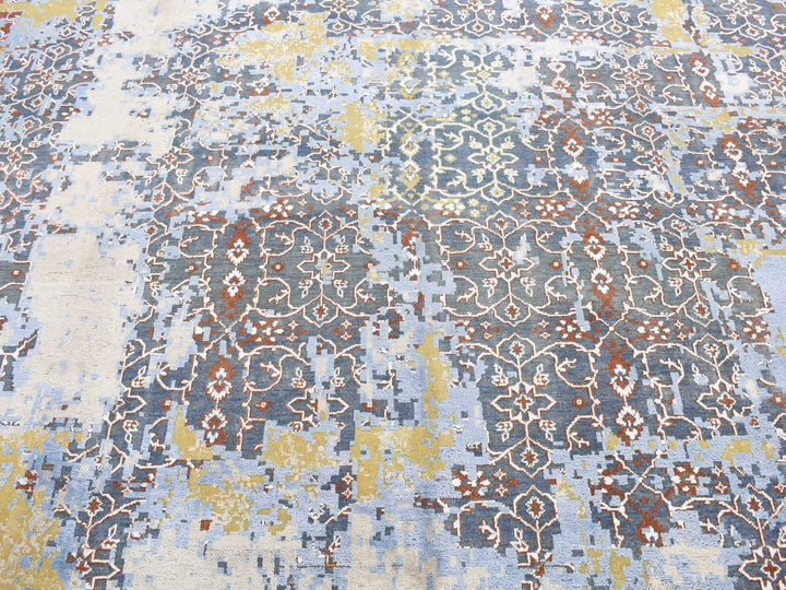 9'9" x 14'0" New Hand Knotted Blue Wool & Silk Rectangle Oriental Rug - MOA10287898