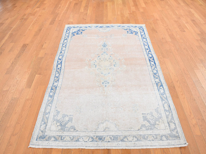 4'7" x 6'7" Vintage Hand Knotted Pink Worn Wool Rectangle Oriental Rug - MOA10287930