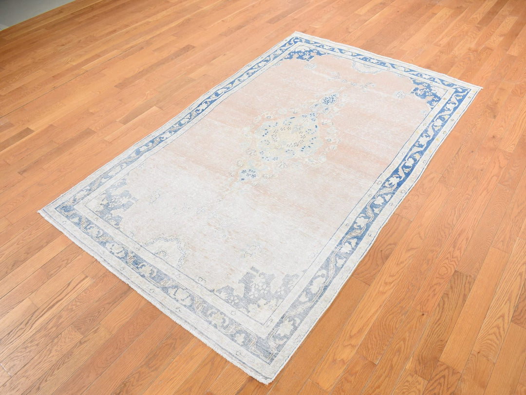 4'7" x 6'7" Vintage Hand Knotted Pink Worn Wool Rectangle Oriental Rug - MOA10287930