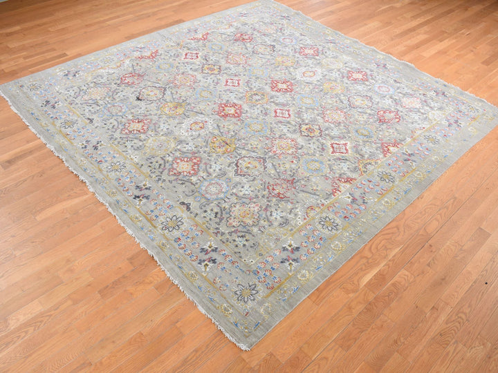 10'0" x 10'6" New Hand Knotted Grey Wool & Silk Square Oriental Rug - MOA10287946