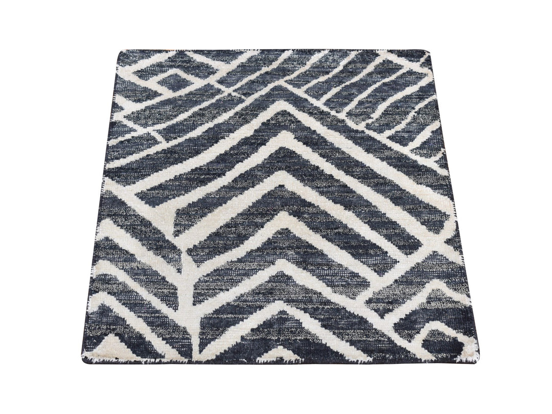 2'2" x 2'2" New Hand Knotted Black Wool & Silk Square Oriental Rug - MOA10287990