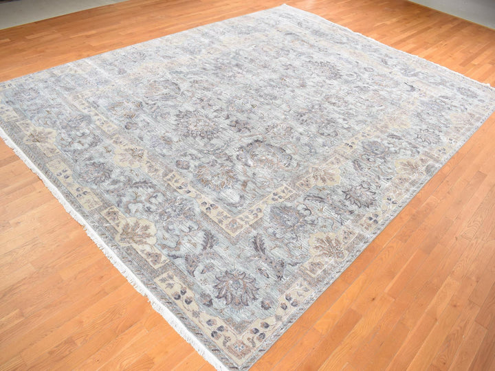 11'8" x 15'3" New Hand Knotted Green Wool & Silk Rectangle Oriental Rug - MOA10287993