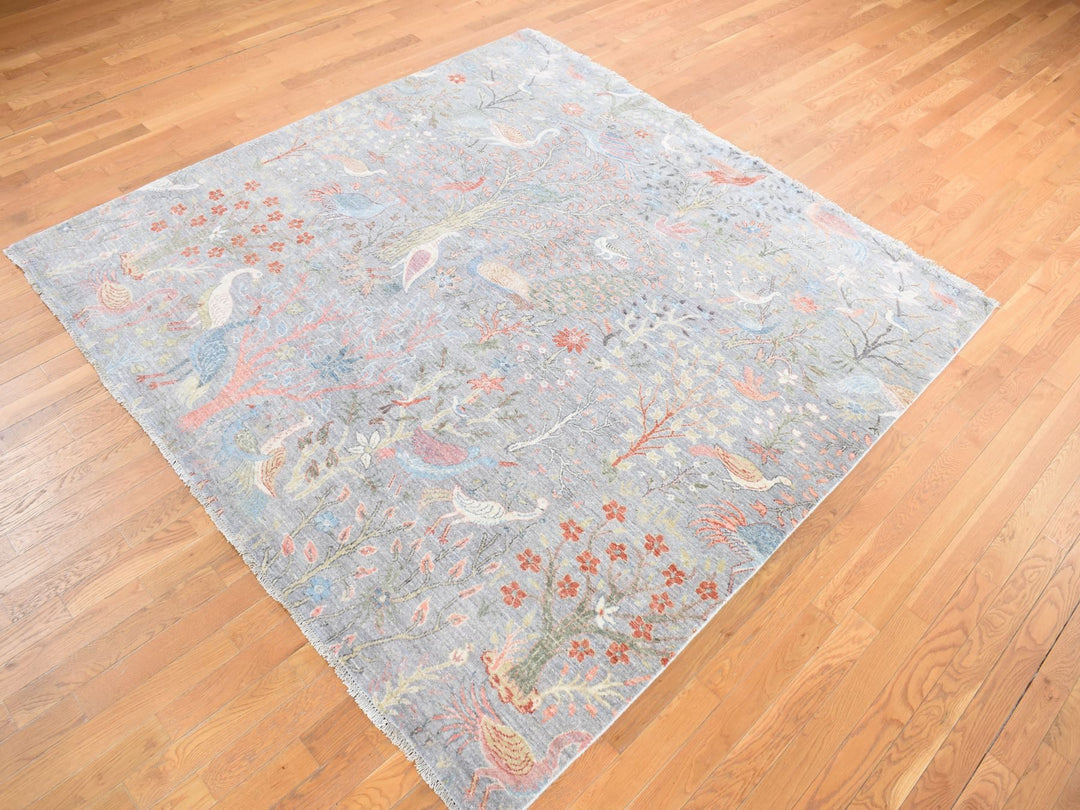 8'0" x 8'0" New Hand Knotted Grey Wool Square Oriental Rug - MOA10287996