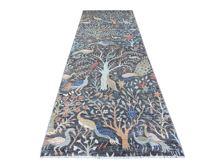 4'1" x 11'11" New Hand Knotted Black Wool Runner Oriental Rug - MOA10288033