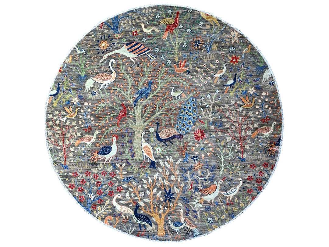 7'7" x 7'8" New Hand Knotted Grey Wool Round Oriental Rug - MOA10288041