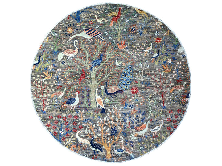 7'7" x 7'8" New Hand Knotted Grey Wool Round Oriental Rug - MOA10288041