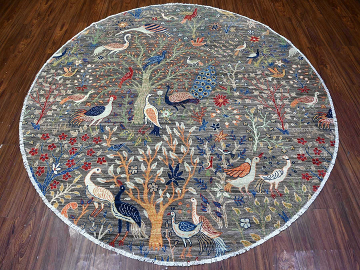 7'7" x 7'8" New Hand Knotted Grey Wool Round Oriental Rug - MOA10288041