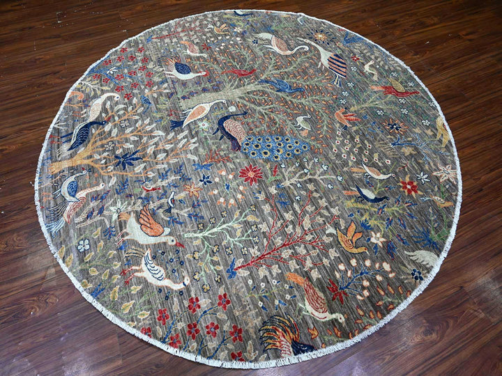 7'7" x 7'8" New Hand Knotted Grey Wool Round Oriental Rug - MOA10288041