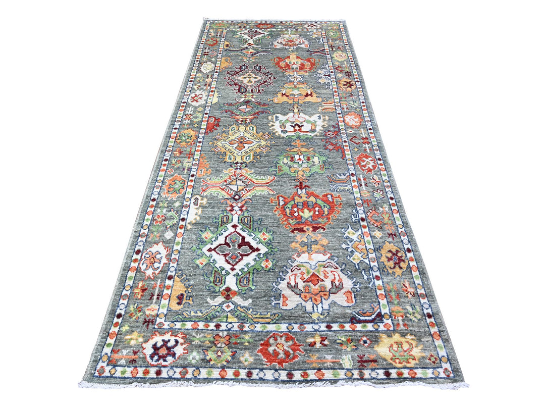 4'2" x 10'3" New Hand Knotted Grey Wool Runner Oriental Rug - MOA10288234