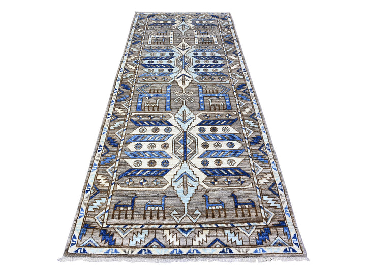 4'1" x 9'10" New Hand Knotted Grey Wool Runner Oriental Rug - MOA10288240