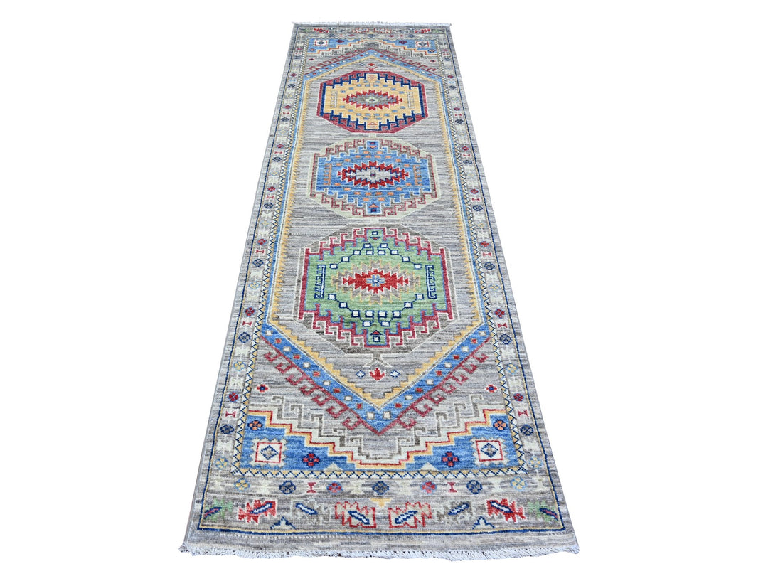 3'1" x 9'9" New Hand Knotted Grey Wool Runner Oriental Rug - MOA10288247