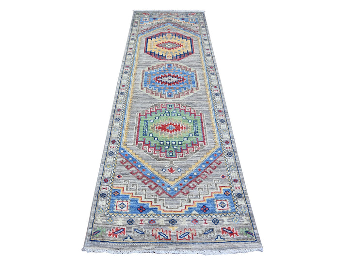 3'1" x 9'9" New Hand Knotted Grey Wool Runner Oriental Rug - MOA10288247