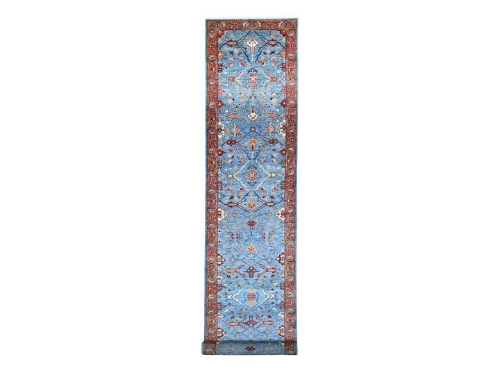 3'7" x 21'8" New Hand Knotted Blue Wool Runner Oriental Rug - MOA10288253