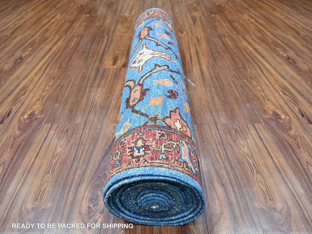 3'7" x 21'8" New Hand Knotted Blue Wool Runner Oriental Rug - MOA10288253