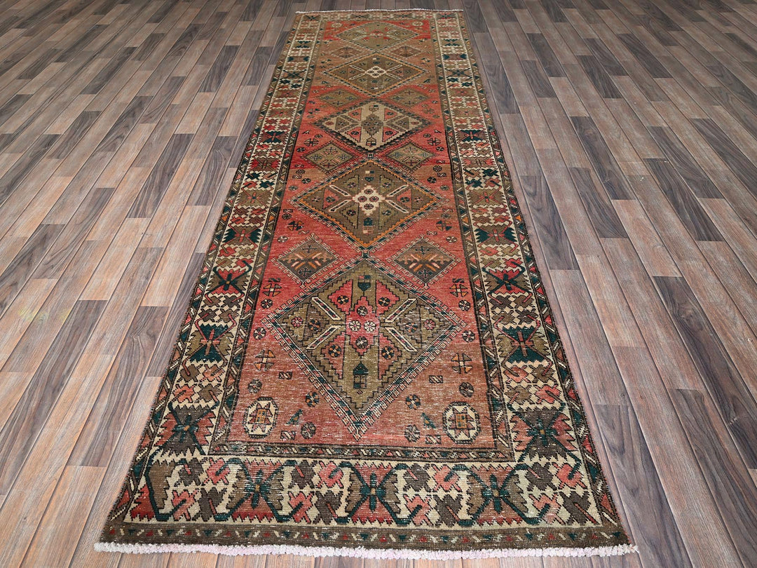 3'5" x 10'3" Vintage Hand Knotted Red Wool Runner Oriental Rug - MOA102882