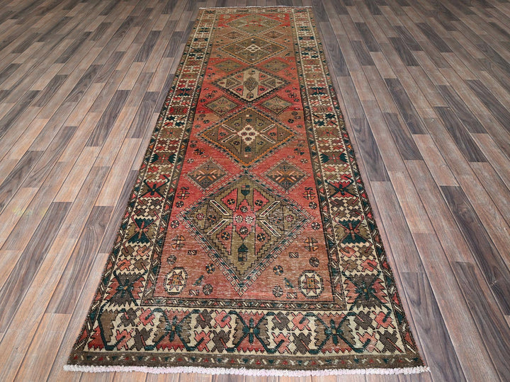 3'5" x 10'3" Vintage Hand Knotted Red Wool Runner Oriental Rug - MOA102882