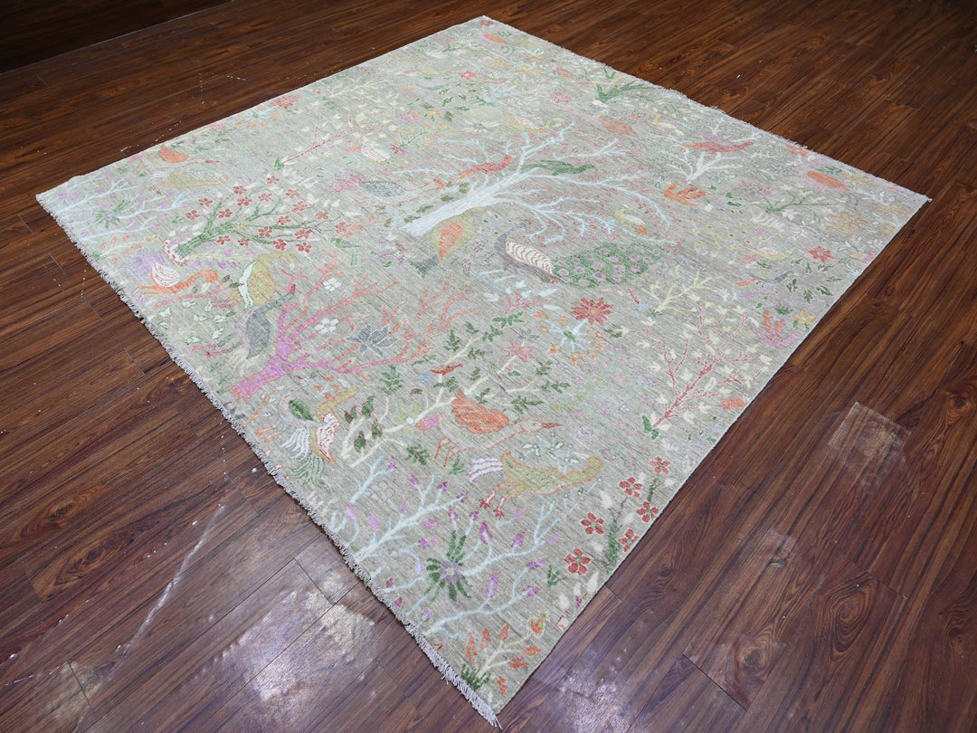 7'10" x 7'11" New Hand Knotted Green Wool Square Oriental Rug - MOA10288306
