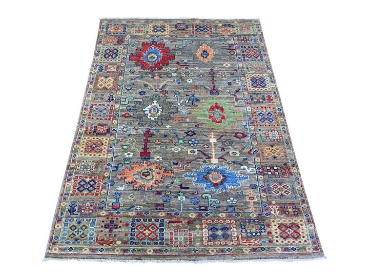 4'1" x 5'7" New Hand Knotted Grey Wool Rectangle Oriental Rug - MOA10288331