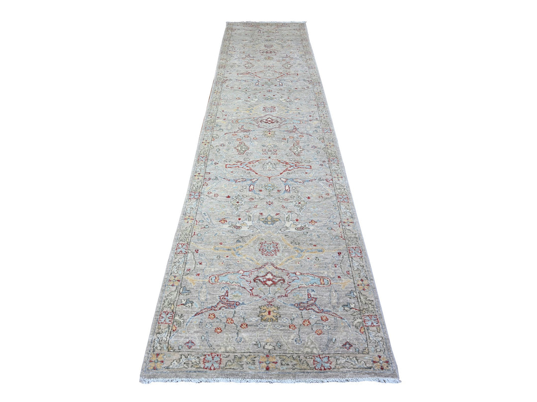 3'1" x 13'9" New Hand Knotted Grey Wool Runner Oriental Rug - MOA10288332
