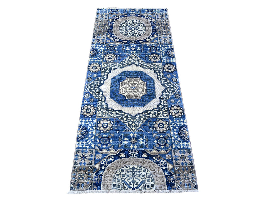 2'6" x 5'11" New Hand Knotted Blue Wool Runner Oriental Rug - MOA10288339