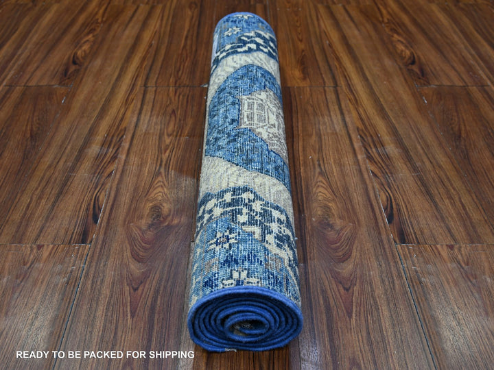 2'4" x 6'8" New Hand Knotted Blue Wool Runner Oriental Rug - MOA10288345