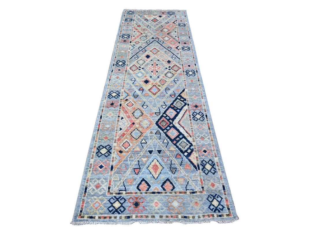 3'2" x 10'2" New Hand Knotted Blue Wool Runner Oriental Rug - MOA10288365